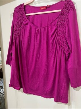ELLE Long-Sleeve Scoop Neck Top in Magenta with Braided Shoulder Detail H224